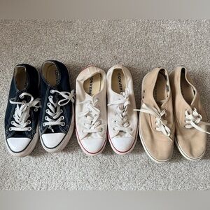 Converse Sneakers and Sperry Canvas Shoes Lot - Black, White, Tan